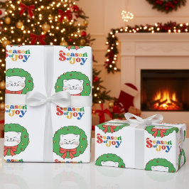 可愛いかわいいネコのクリスマスリースの季節の喜び ラッピングペーパー