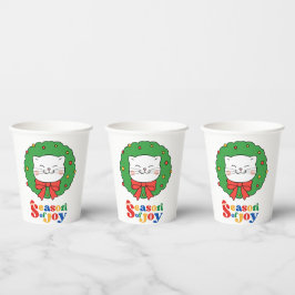 可愛いかわいいネコのクリスマスリースの季節の喜び 紙コップ