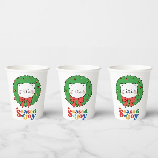 可愛いかわいいネコのクリスマスリースの季節の喜び 紙コップ (複数)