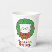可愛いかわいいネコのクリスマスリースの季節の喜び 紙コップ (正面)