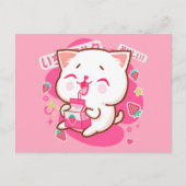 可愛いかわいいネコ日本のストロベリーミルク ポストカード (正面)