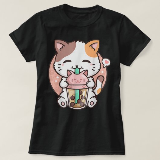 可愛いかわいいネコBobaバブルミルクティアアニメ猫キ Tシャツ (デザイン正面)