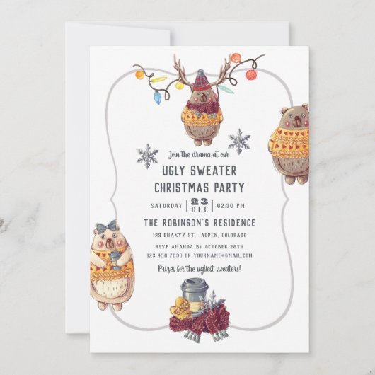 可愛いかわいいベア醜いセータークリスマスパーティー 招待状 (正面)