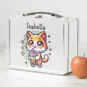 可愛いかわいい子猫とバブルティーパーソナライズされた メタルランチボックス (インサイチュ)