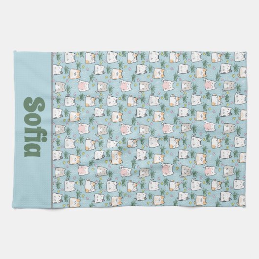 可愛いかわいい子猫パターン紺色の名前 キッチンタオル (横)