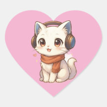 可愛いかわいい子猫ヘッドフォンステッカー ピンクのハート