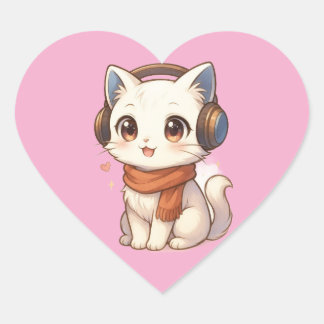 可愛いかわいい子猫ヘッドフォンステッカー ピンクのハート ハートシール