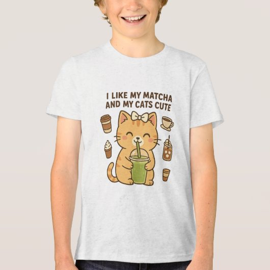 可愛いかわいい猫と抹茶グリーンティー トライブレンドTシャツ (正面)