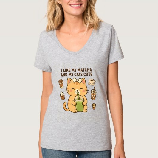 可愛いかわいい猫と抹茶グリーンティー Tシャツ (正面)