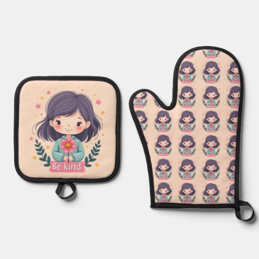 可愛いかわいい「優しい」イラストレーション – 健康アート 鍋つかみ&鍋敷きセット (正面)