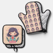 可愛いかわいい「優しい」イラストレーション – 健康アート 鍋つかみ&鍋敷きセット (正面/裏面)