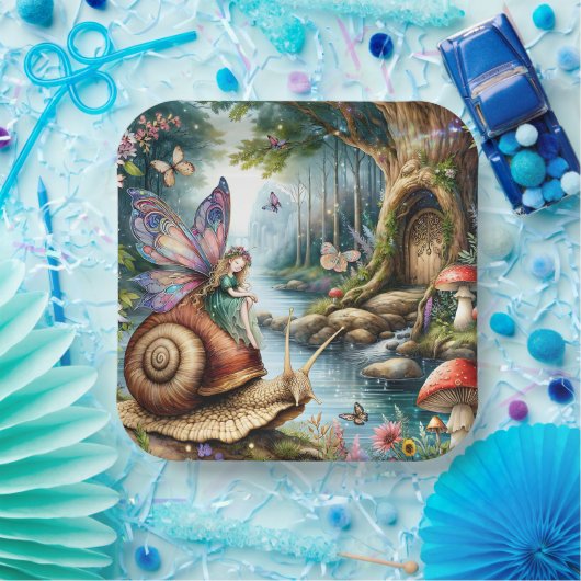 可愛いかわいらしカタツムリと蝶の妖精の国 ペーパープレート (パーティー)