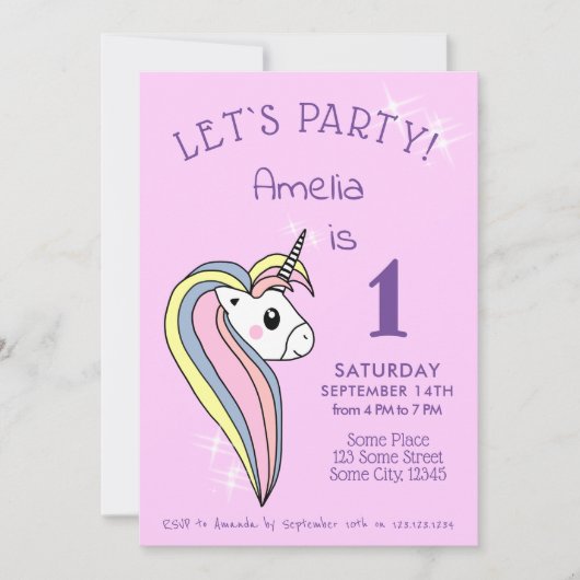 可愛いかわいらしユニコーンカラフルスパークルズ1st誕生日 招待状 (正面)
