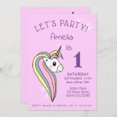 可愛いかわいらしユニコーンカラフルスパークルズ1st誕生日 招待状 (正面/裏面)