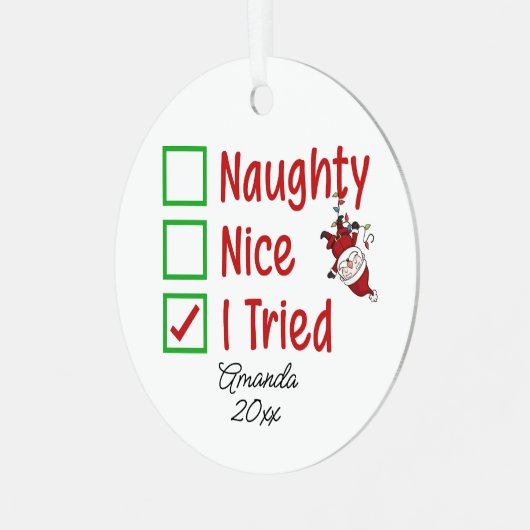 可愛いけないクリスマスのプレおもしろいゼントを試みた メタルオーナメント (正面左)