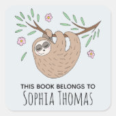 可愛い'この本は属する'スロース名キッズ蔵書票 スクエアシール (正面)