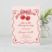 可愛いさくらんぼオントップボウ手引き赤ちゃんシャワー 招待状 (スタンド正面)