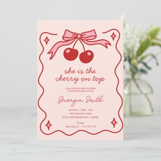 可愛いさくらんぼオントップボウ手引き赤ちゃんシャワー 招待状 (スタンド正面)
