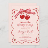 可愛いさくらんぼオントップボウ手引き赤ちゃんシャワー 招待状 (正面/裏面)