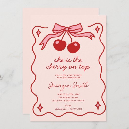 可愛いさくらんぼオントップボウ手引き赤ちゃんシャワー 招待状 (正面/裏面)