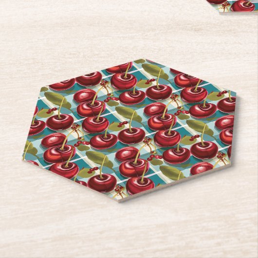 可愛いさくらんぼ市松模様にの格子模様 ペーパーコースター (アングル)