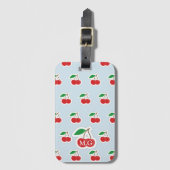 可愛いさくらんぼ柄オンライトブルーモノグラム ラゲッジタグ (正面縦)