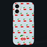 可愛いさくらんぼ柄オンライトブルーモノグラム iPhone 16ケース<br><div class="desc">青いケーモノグラムのスに可愛いさくらんぼ柄と装飾赤いリボン。</div>