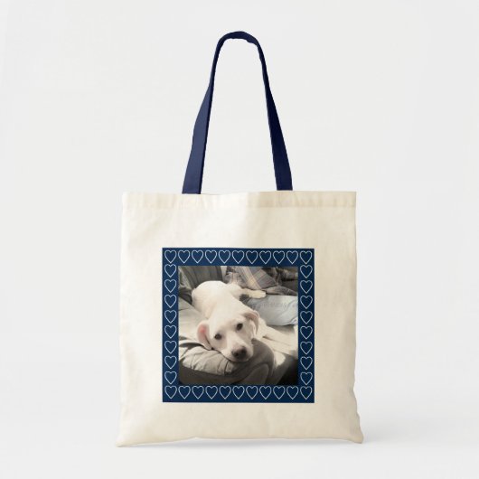可愛いすごい子犬とハート追加イニシャル青 トートバッグ (正面)