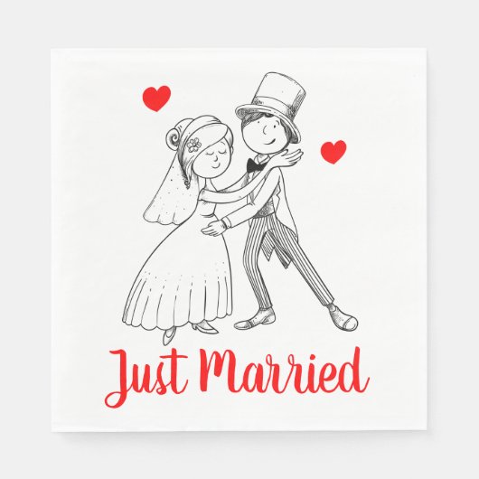 可愛いたった今結婚しました漫画新郎新婦レッド結婚ズ スタンダードランチョンナプキン (正面)