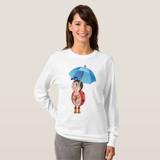 可愛いてんとう虫の青い傘のレインシューズ Tシャツ (正面フル)