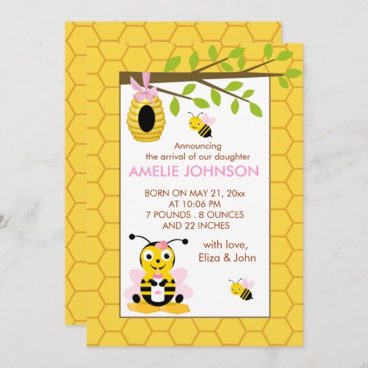 可愛いのまわりにガールベビー誕生発表カード 案内状 (正面/裏面)