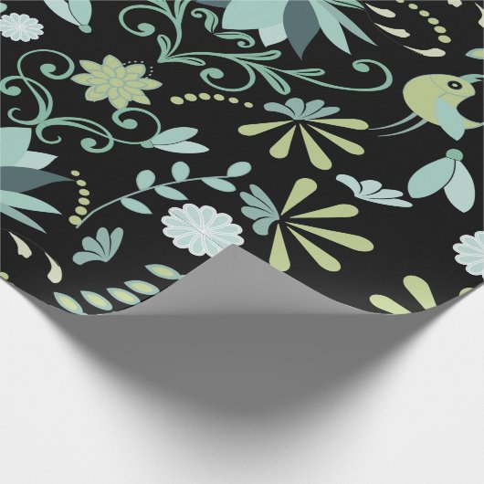 可愛いぼほ鳥の花の青い緑の黒いパターン ラッピングペーパー (角)