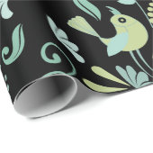 可愛いぼほ鳥の花の青い緑の黒いパターン ラッピングペーパー (ロールコーナー)