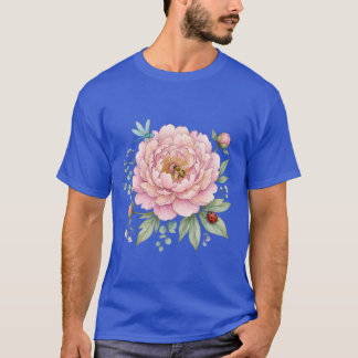 可愛いらしい庭の虫と芍薬の水彩アート Tシャツ