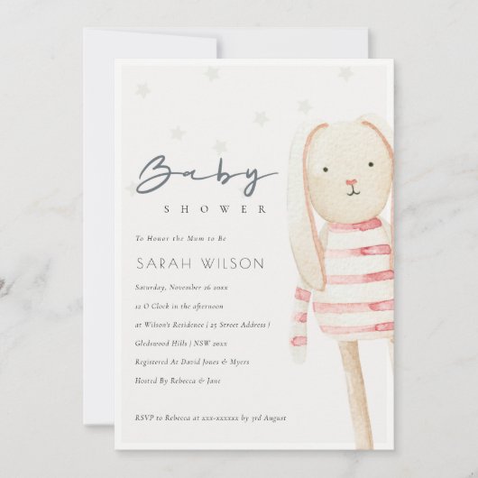 可愛いアイボリーピンクバニーソフトおもちゃベビーシャワー招待状 サンキューカード (正面)