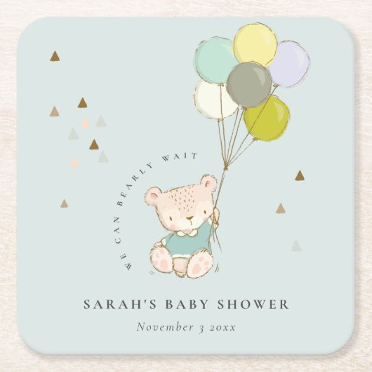 可愛いアクアビーリーウェイベアーベアーバルーンベイビーシャワー スクエアペーパーコースター (正面)
