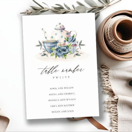 可愛いアクアブルーフローラティーポット結婚カップ席 テーブルナンバー