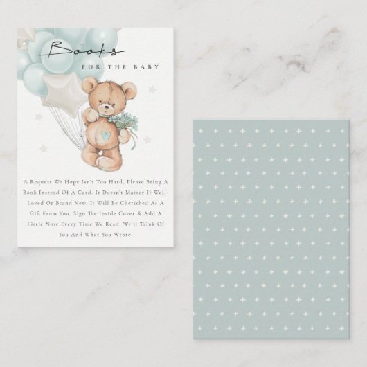 可愛いアクアブルーベアーバルーンブック赤ちゃんシャワー エンクロージャーカード (正面/裏面)