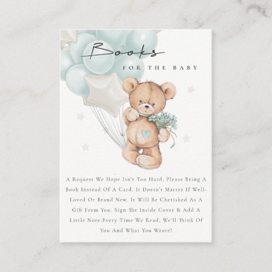 可愛いアクアブルーベアーバルーンブック赤ちゃんシャワー エンクロージャーカード (正面)