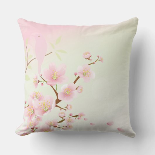 可愛いアジアンピンクの桜の鳥の花柄 クッション (正面)