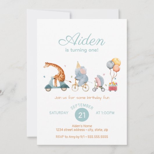 可愛いアニマルトレインニュートラル誕生日パーティー 招待状 (正面)