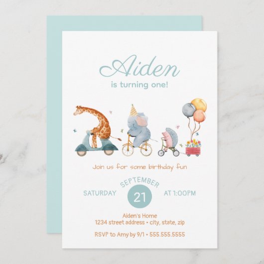 可愛いアニマルトレインニュートラル誕生日パーティー 招待状 (正面/裏面)