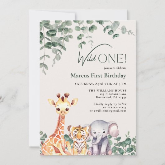 可愛いアニマルファースト誕生日 招待状 (正面)