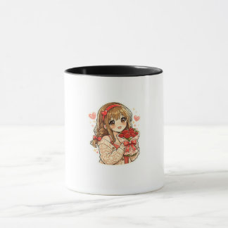 可愛いアニメの女の子が赤いバラを持ったコーヒーマグ マグカップ