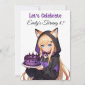 可愛いアニメの女の子とドラゴンの女の子の誕生日パーティー 招待状 (正面)