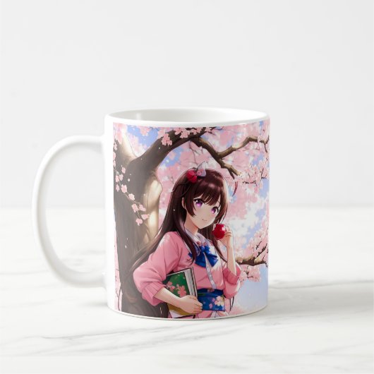 可愛いアニメの女の子(さくらんぼの下) コーヒーマグカップ (左)
