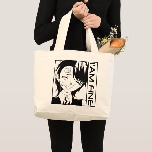 可愛いアニメキャラ "元気です" ラージトートバッグ (正面(商品))
