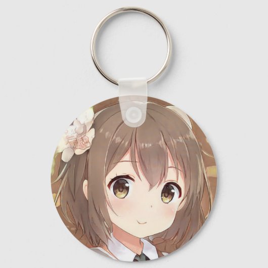可愛いアニメマンガガールブラウンヘアヘーゼルアイフラワー キーホルダー (正面)