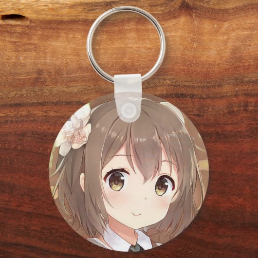 可愛いアニメマンガガールブラウンヘアヘーゼルアイフラワー キーホルダー (正面)