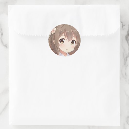 可愛いアニメマンガガールブラウンヘアヘーゼルアイフラワー ラウンドシール (バッグ)